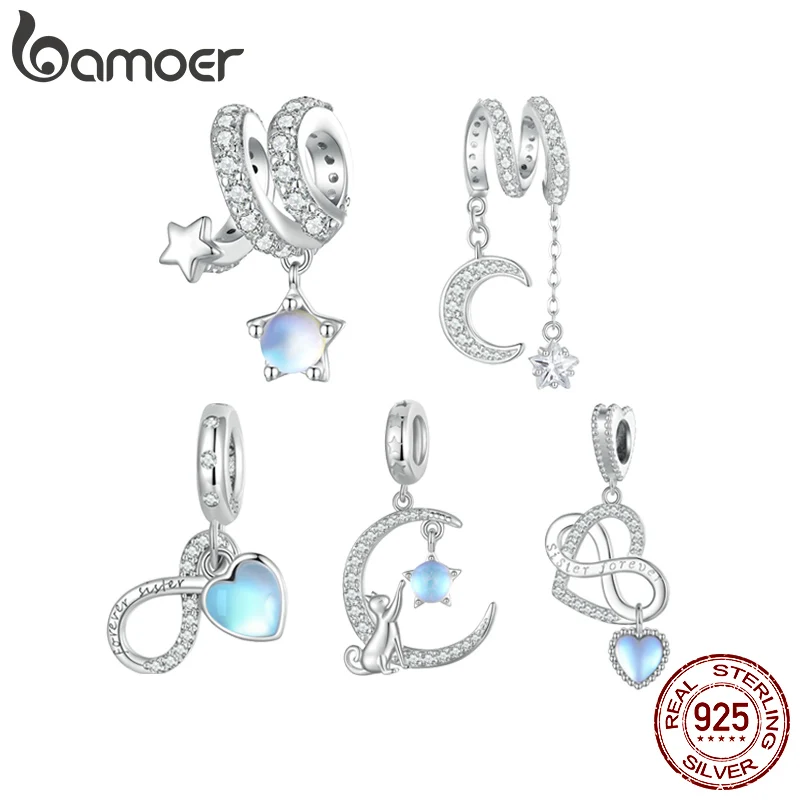 Bamoer 925 Sterling Silver Swaying Moonlight Bead Moon and Star Irregular Charms for Women Bracelet Bangle Fine Jewelry BSC776