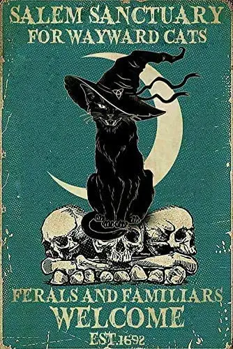 

Wayward Cat Half Moon SkullMetal Tin Sign Horror Retro Decoration Bar Hospital Haunted House 12x16inch Sticker Metal Plate