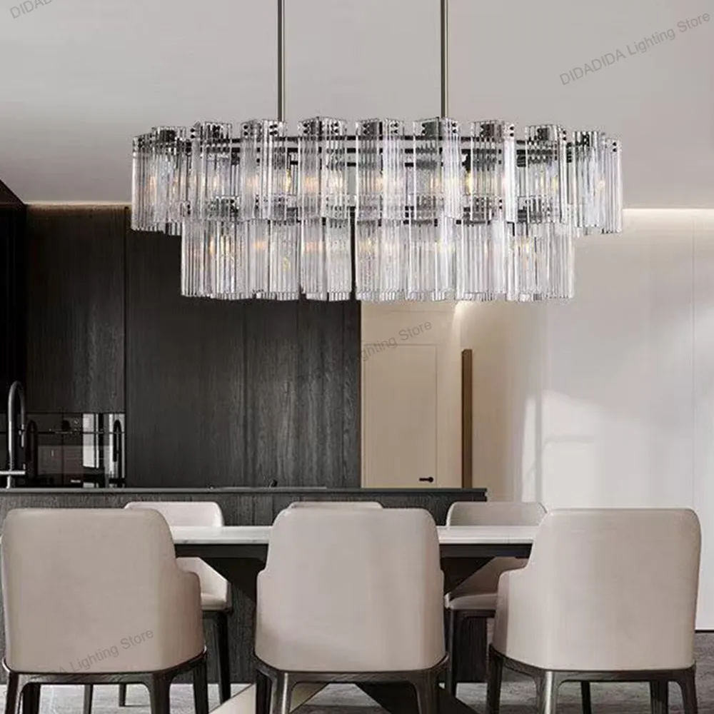 Modern Water Ripple Glass Multi Tier Chandelier Round Oval Pendant Lamp Brass Black Silvery Dimmable Lustre for Hotel