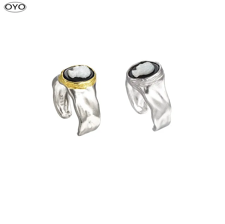 

Minority design cool wind irregular surface texture relief S925 Silver Black Agate opening ring female