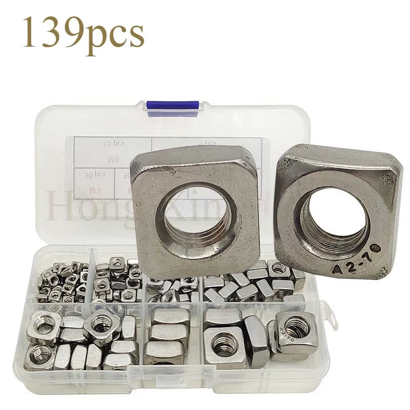 

304 Stainless Steel Machine Square Screw Nuts 304 Square Nuts M3 M4 M5 M6 M8 M10 Metric Assortment Kit Nut 139Pcs