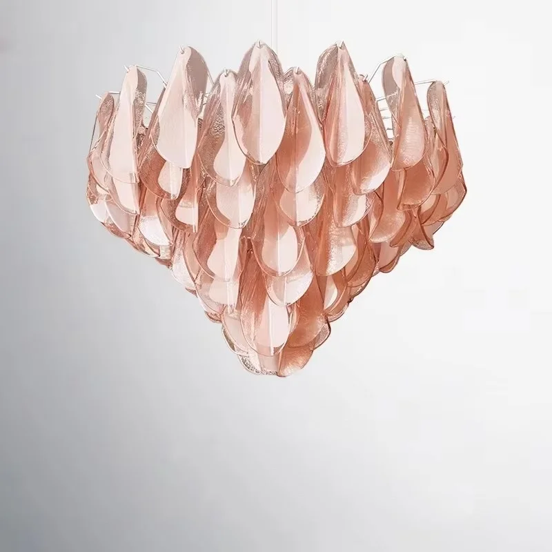 New Pink Glass Pendant Chandelier Living Room Dining Room Retro Green Petal Glass Pendant Chandelier Lights Bedroom Ceiling Lamp