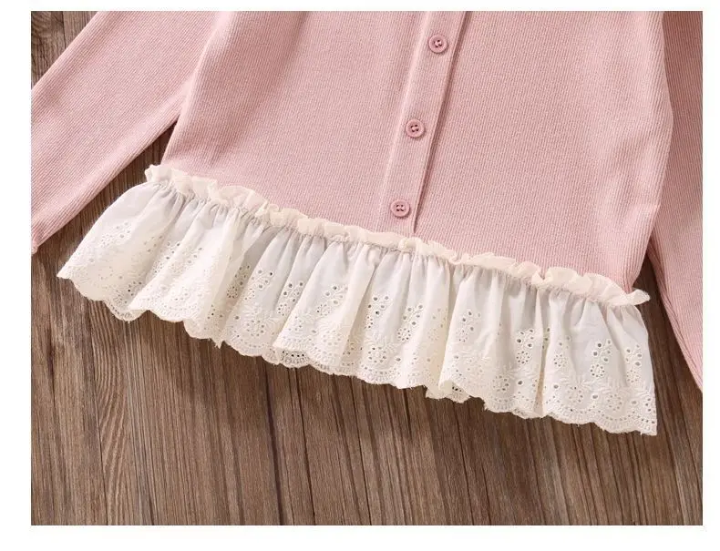 Herbst Neuheiten Mädchen T-Shirts mit Knöpfen Spitzen-Patchwork Langarm-Blusen Bequeme Oberteile für Kinder Mädchenkleidung – Detail 22