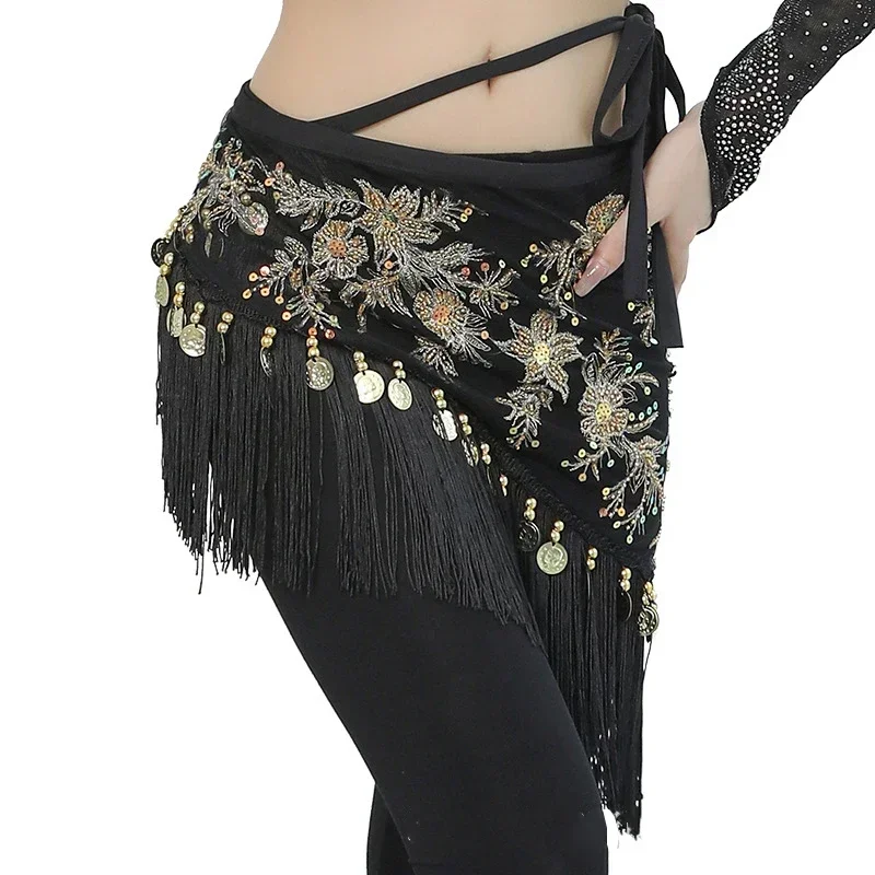 Girls Class Wear Costume Accessories Mesh Base Sequins Tassels Wraps Half Circle Belt Women Fringes Hip Scarf with Gold Coins