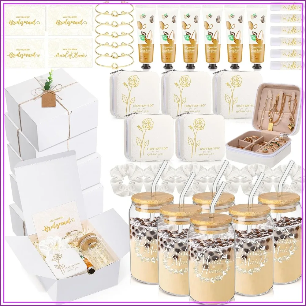60 Pcs Bridesmaid Proposal Gifts Set - Jewelry Box, Glass Cup, Scrunchies, Bracelet, Hand Cream, Lip Balm, Cards