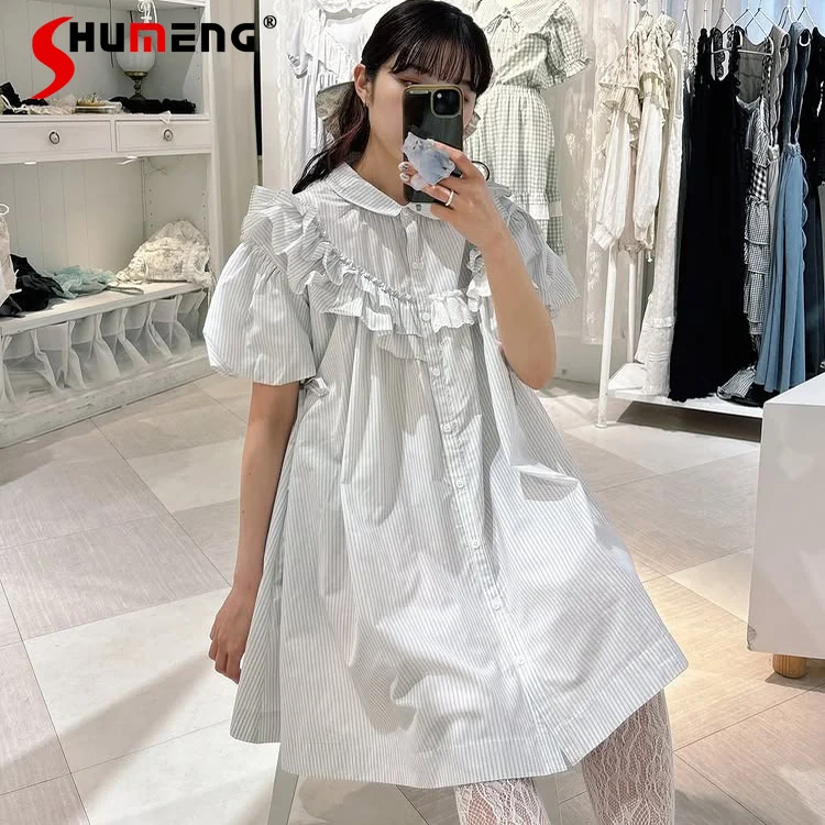 

Japanese Style Ruffled Striped Short Sleeve Long Shirt Summer Girls Sweet Elegant Fashion Dress Women's Casual Blouses Tops 2025