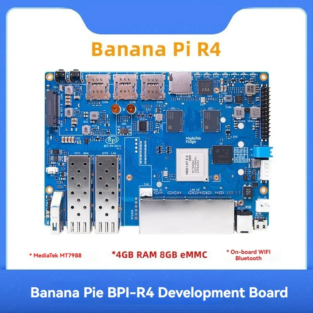 A85P For Banana Pi BPI-R4 Router Development Board 4GB RAM MT7988A with 2 SFP High-Performance Open-Source Router Board