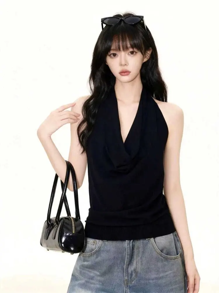 Slim Fit Halter Neck Vest Women's plus Size Inner Wear Sexy Back Casual Style High Elasticity Pure Color Spring Summer New