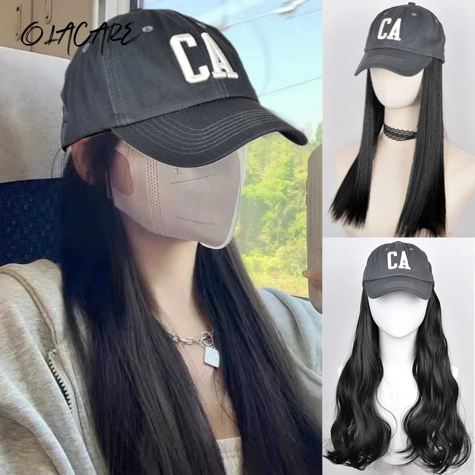 Long Wavy Synthetic Wig Baseball Rice Black Cap With Hair Extensions Hat Wigs Natural Black Connect Wig Adjustable For Women