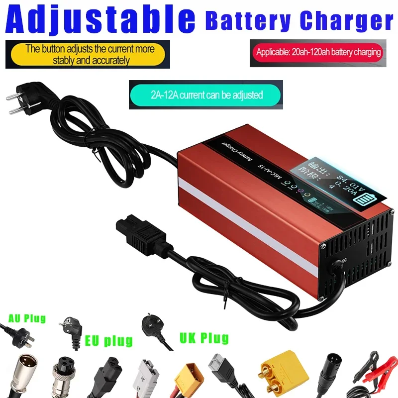 2A-12A Adjustable Lithium Battery Chargers Adjust 20AH-120AH Fast Charging Aluminum LCD Digital Display 12 Protection Charger