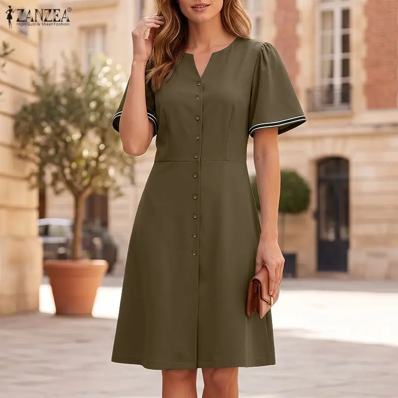 ZANZEA Vestido elegante hasta la rodilla para Mujer, cuello en V, ribete en contraste, manga corta, con botones, vestidos de corte A, Vestidos de trabajo de oficina para Mujer