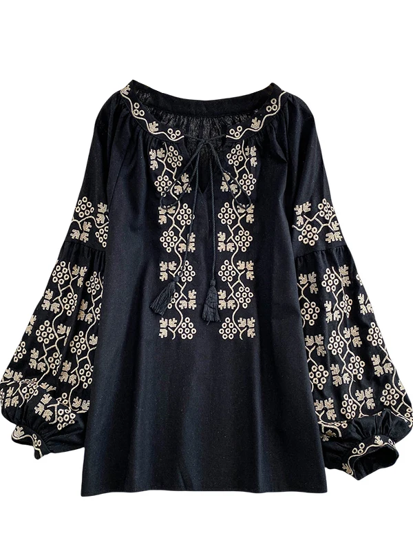 레트로 아티스틱 슬레 자수 벨티드 라운드 네 랜턴 스웨트셔츠 여성용 루즈핏 살보정 슬리밍 탑