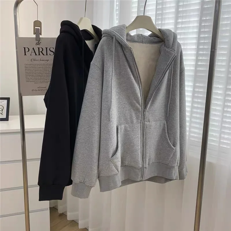 Damen-Sweatshirt mit Fleece-Futter, Kapuze, offene Strickjacke, langärmelig, bequem, lässiger Stil, Polyesterfaser, Herbst und Winter, neu, A...