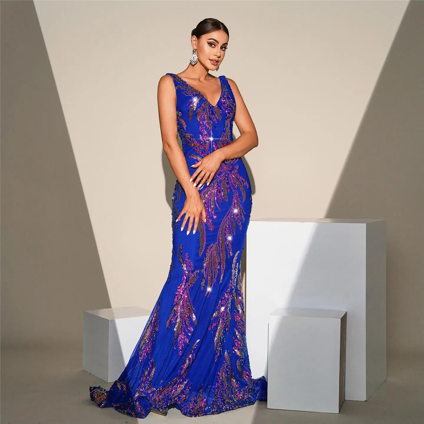 Lungo V-Ne Svel Fi Tail Evening Dr Sexy scintillante Prom Dr Maid of Dr Gonna avvolgente a vita alta da donna