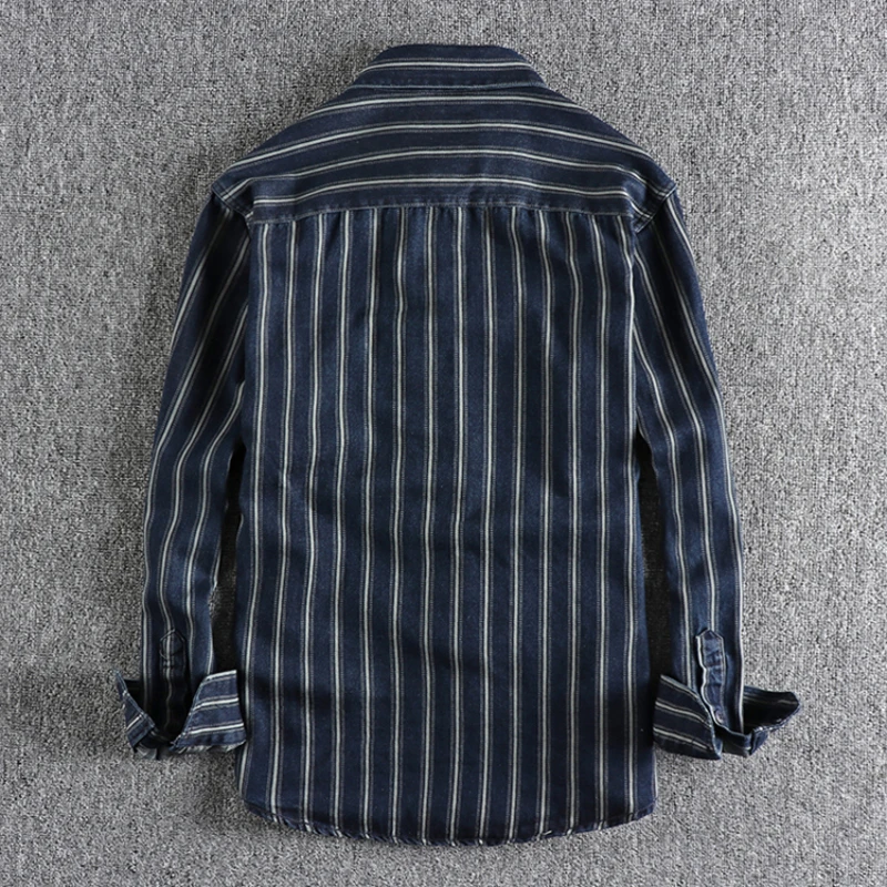 Autumn and winter new yarn-dyed striped wash jeans long-sleeved shirt man retro trend with classic shirt