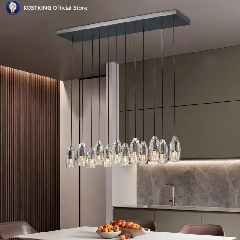 Nordic LED crystal pendant light black restaurant pendant light post modern bar counter all copper black rectangular Chandelier