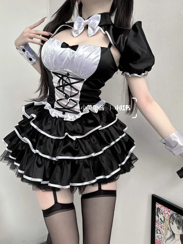 

Japanese Gothic Y2K Lolita 2 Piece Sets Women Chic Bow Cardigan Sweet Ruffles Slim Strap Mini Dresses Female Fashion Maid Suit