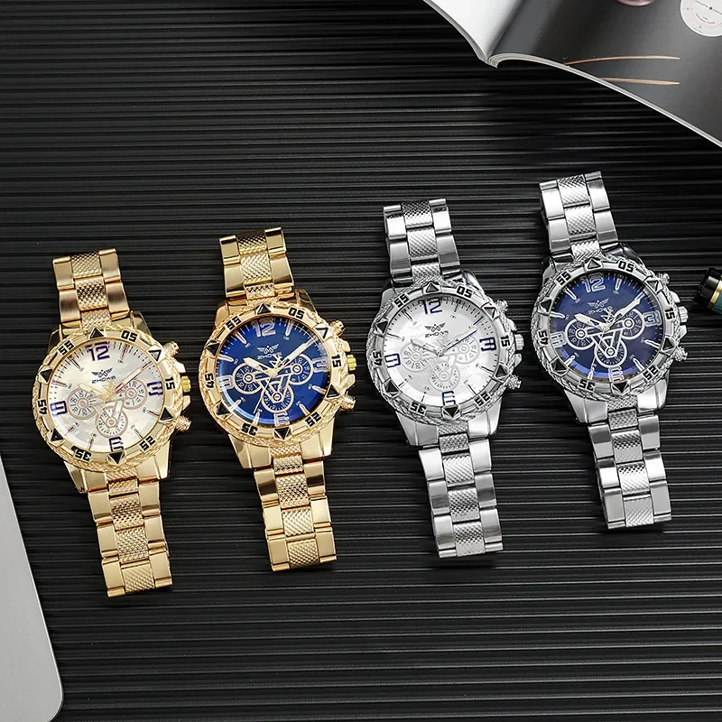 ساعة رجال الأعمال كوارتز Pulseira de aço masculina، كاجوال مودا، تشمل caixa inte