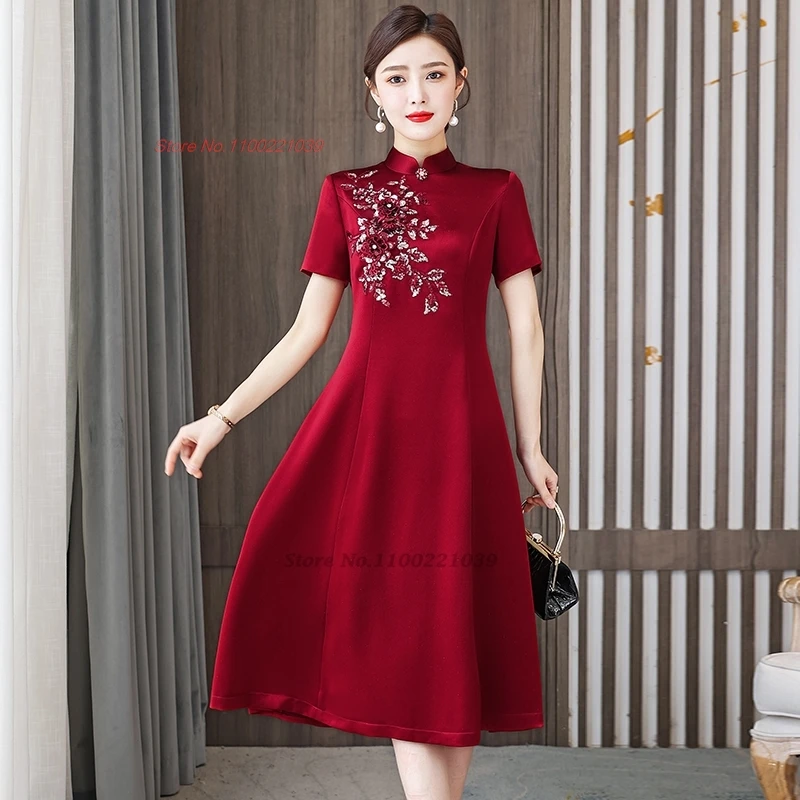 전통 중국 빈티지 원피스 개량 qipao 국가 꽃 자수 결혼식 qipao A 라인 원피스 이브닝 파티 원피스, 2024