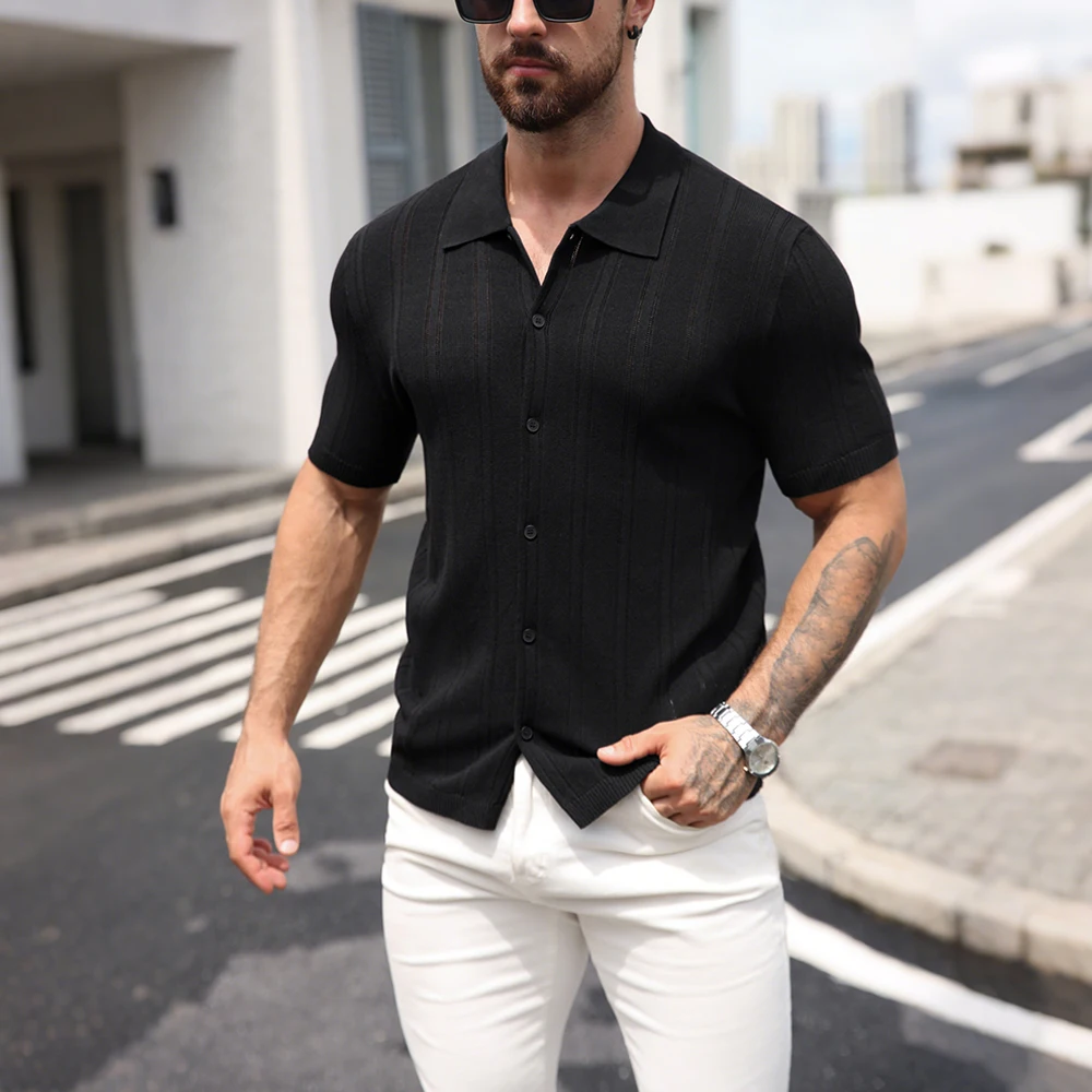 

Slavinson Men's Knit Polo Shirts Summer Retro Knit Lapel Striped Brand Fashion Short-Sleeved Breathable Casual Slim Top US Size