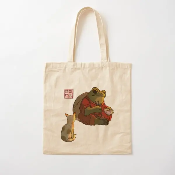 A Frog And A Kitty Cotton  Canvas Bag Fashion Tote Printed Women Foldable Shoulder Bag Designer Grocery Fabric Handbag Shopper