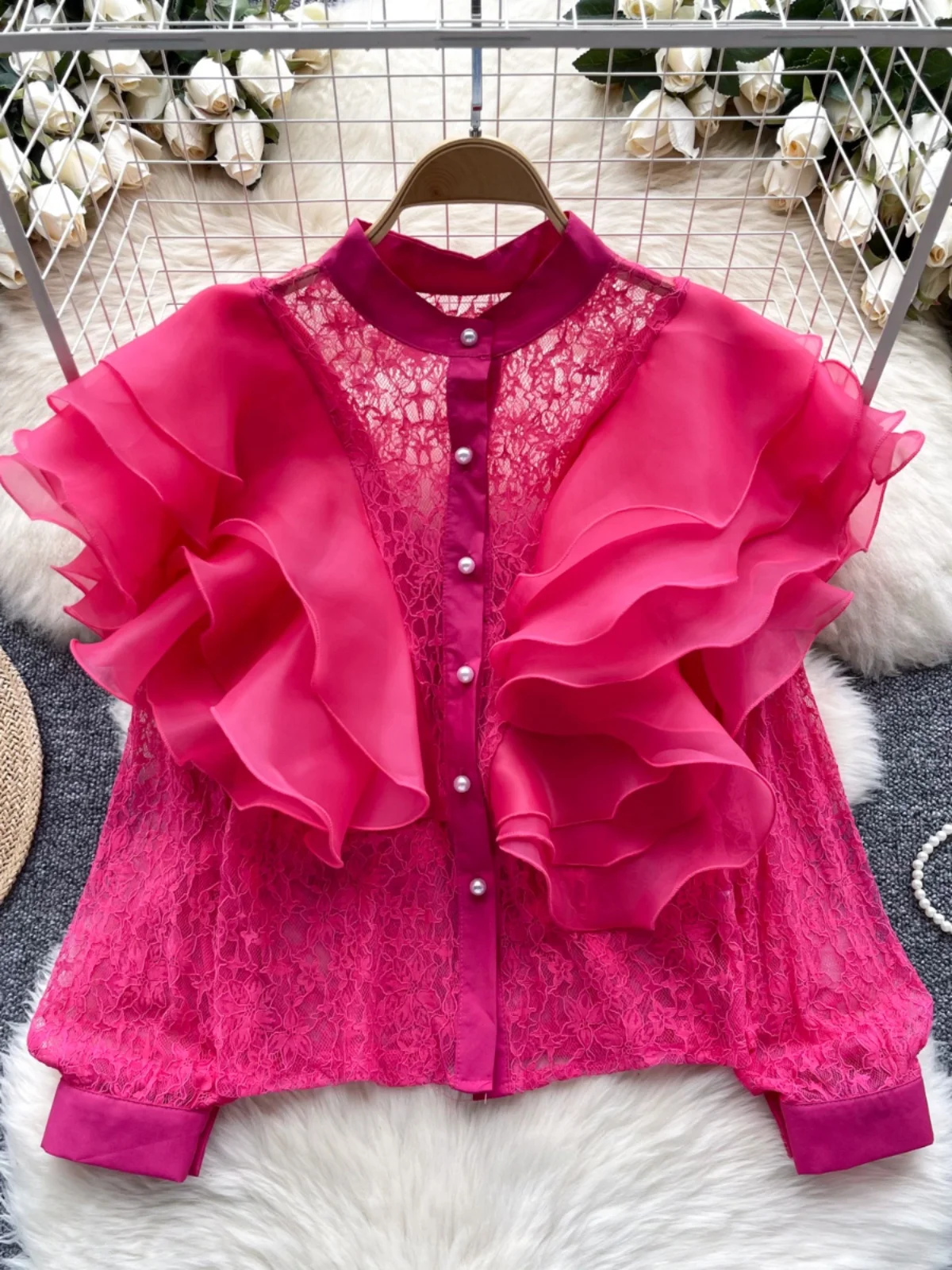 

Lace See-tough Open Cardigan round Ne Pearl Trimmed Bell Sve Versatile Top Korean Sle Loose Fit Long Sve