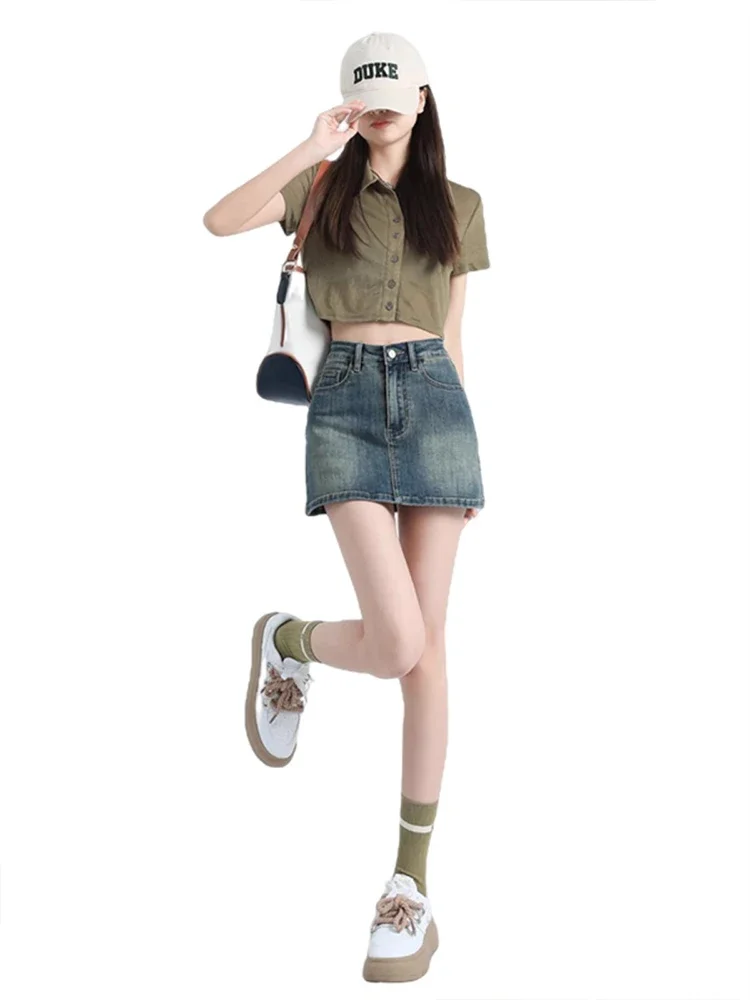 Spring 2025 High Waist A-Line  Skirt Women plus Size Slimming Denim ort Skirts Anti-Light f Body Skirts Korean Sle
