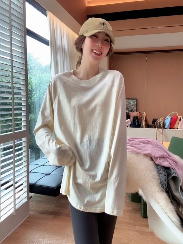 Loose Women's plus Size Pink Long Sleeve T-Shirt Mid-Length Butt Covering Top Early Autumn New Style Casual Comfortable Shirt