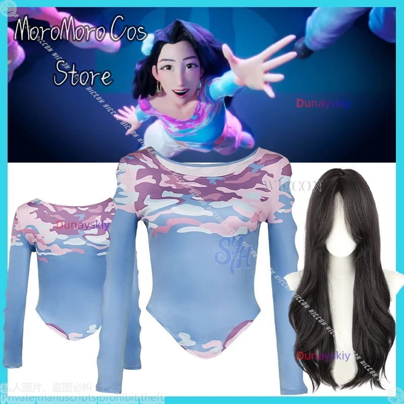 Anime Kpop Dämon Cosplay Huntrix Senior Celine dzi Turismo Sexy Gemustertes Yoga Dehnbares Langarm Hohles Top Lange Perücken Halloween