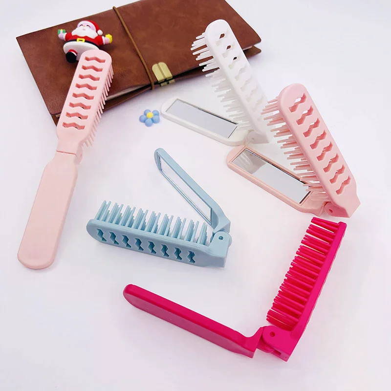 

Hollow Comb Foldable Small Hair Comb 2 In 1 Hair Brush With Mirror Portable Massage Anti-static Comb Trave Styling Accessories