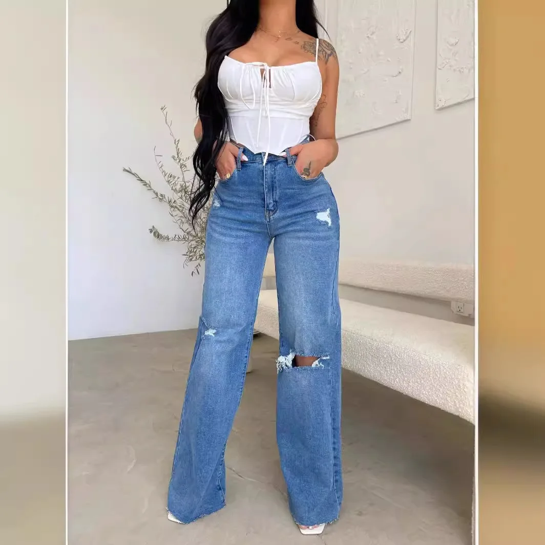 

High Waist Loose Wide Leg Jeans Floor-Length Drapey Comfortable Cotton Denim Trousers for Women Commute Sle Autumn Collection