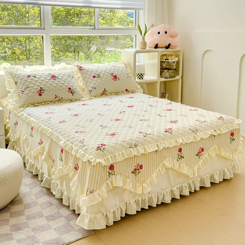 100% Cotton King Queen Size Princess Lace Bed Skirt Thicken Quilted Bedspread Pure Cotton Bed Cover Not Including Pillowcase