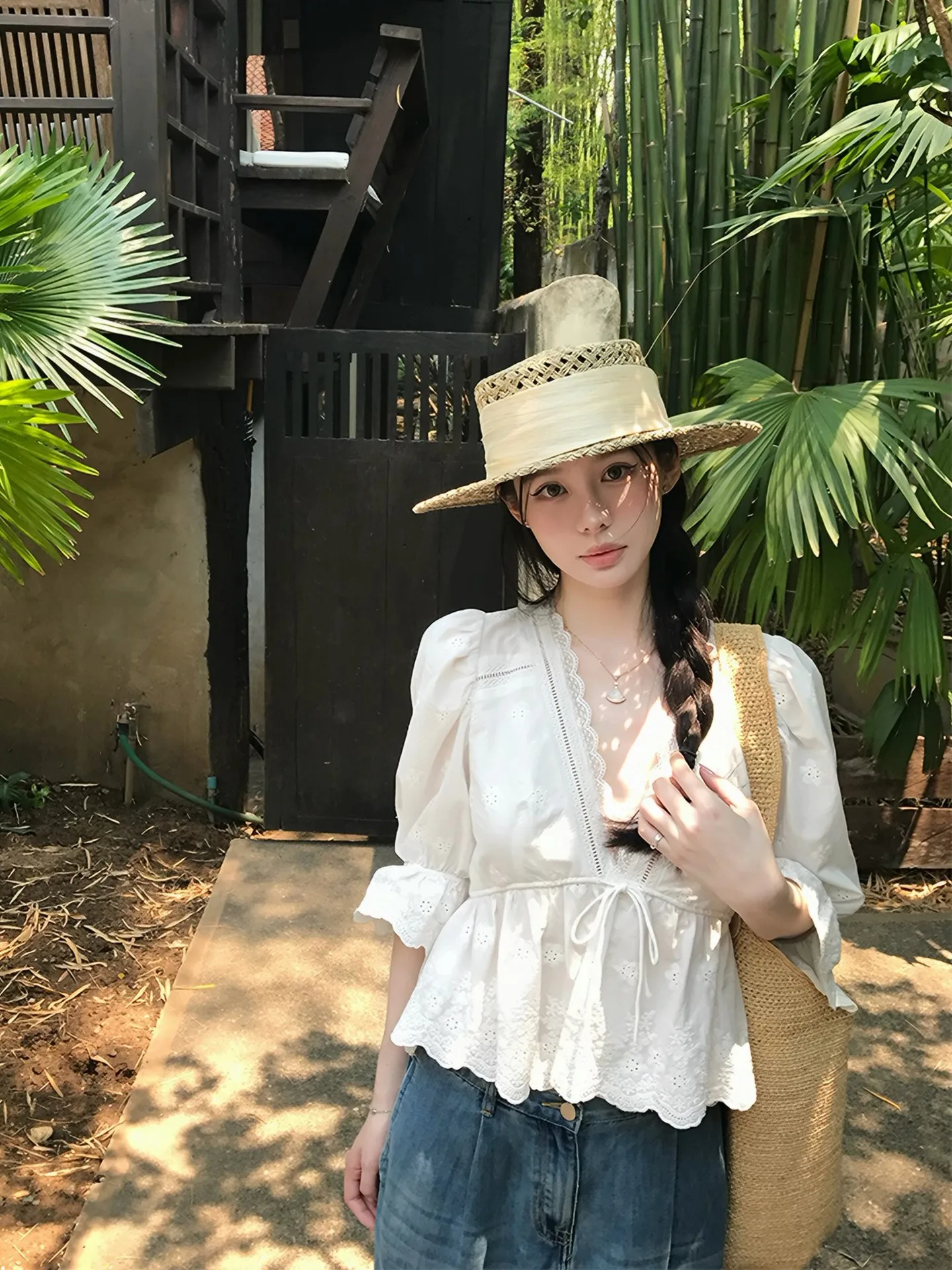 

White V-neck Lace Embroidery Belted Shirt Women's Design Sense Ruffle Splicing Shirt Summer Korean Style Bell Sleeve