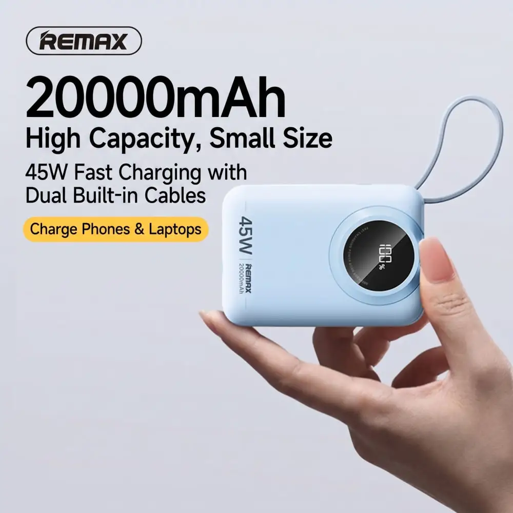 Remax 20000mAh Mini Power Bank Built-in Cable Phone External Battery Powerbank Charger Fast charging for iPhone Samsung Xiaomi