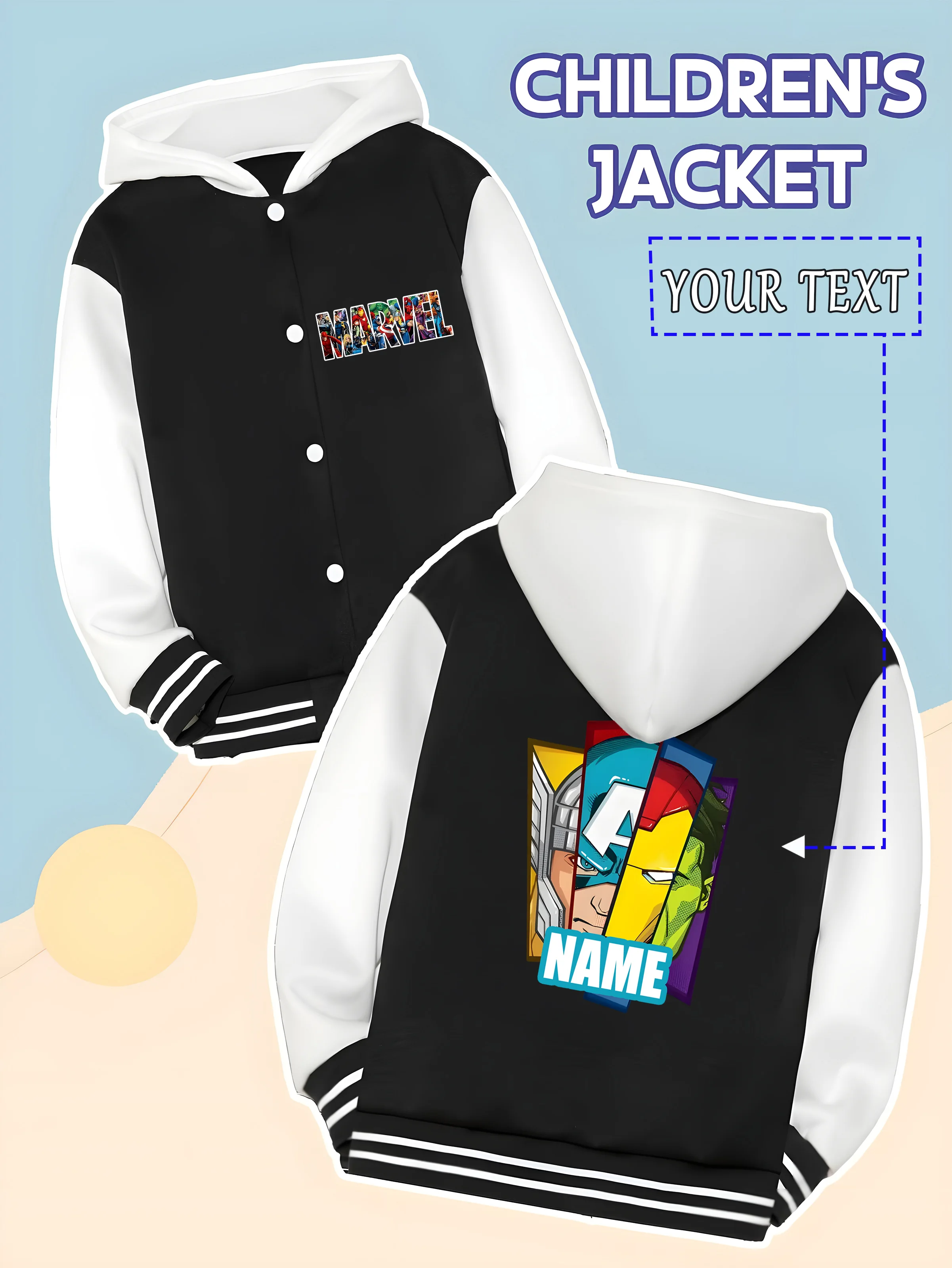 

MINISO Marvel Boys Baseball Jacket - Avengers hero patchwork pattern, bright colors that don't fade easily, suitable for birthda