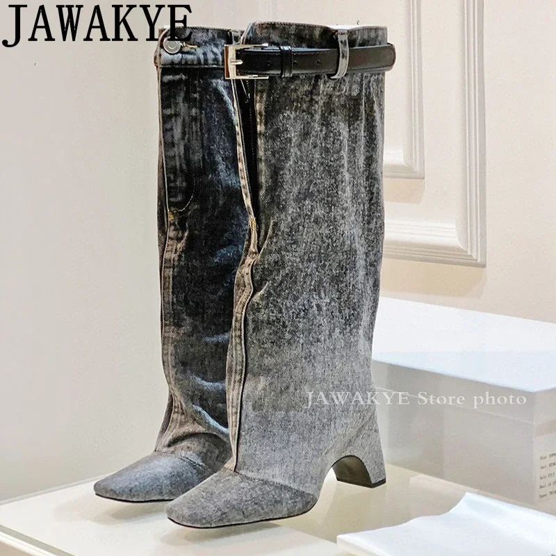 New Denim Belt Buckle Knee High Boots For Women Square Toe Chunky Heels Long Boots Winter Designer Western Cowboy Botas Mujer