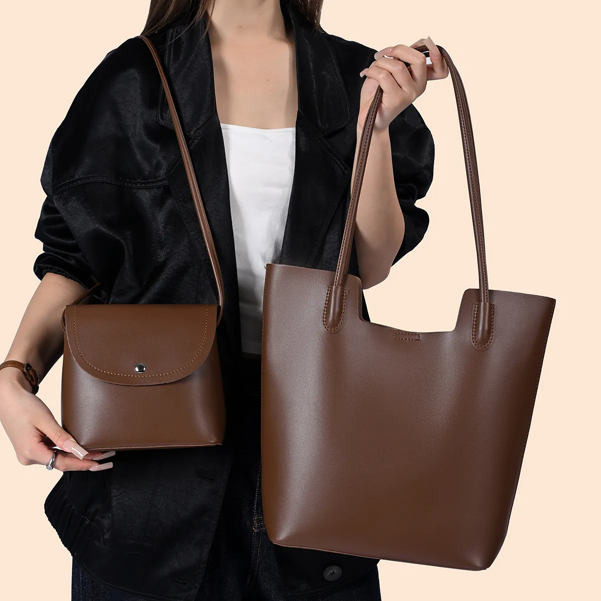 Sacs à bandoulière en cuir PU pour femmes, sacs messager, sacs à main composites, ensemble de 2 pièces, grand sac fourre-tout pour femme pour les trajets quotidiens