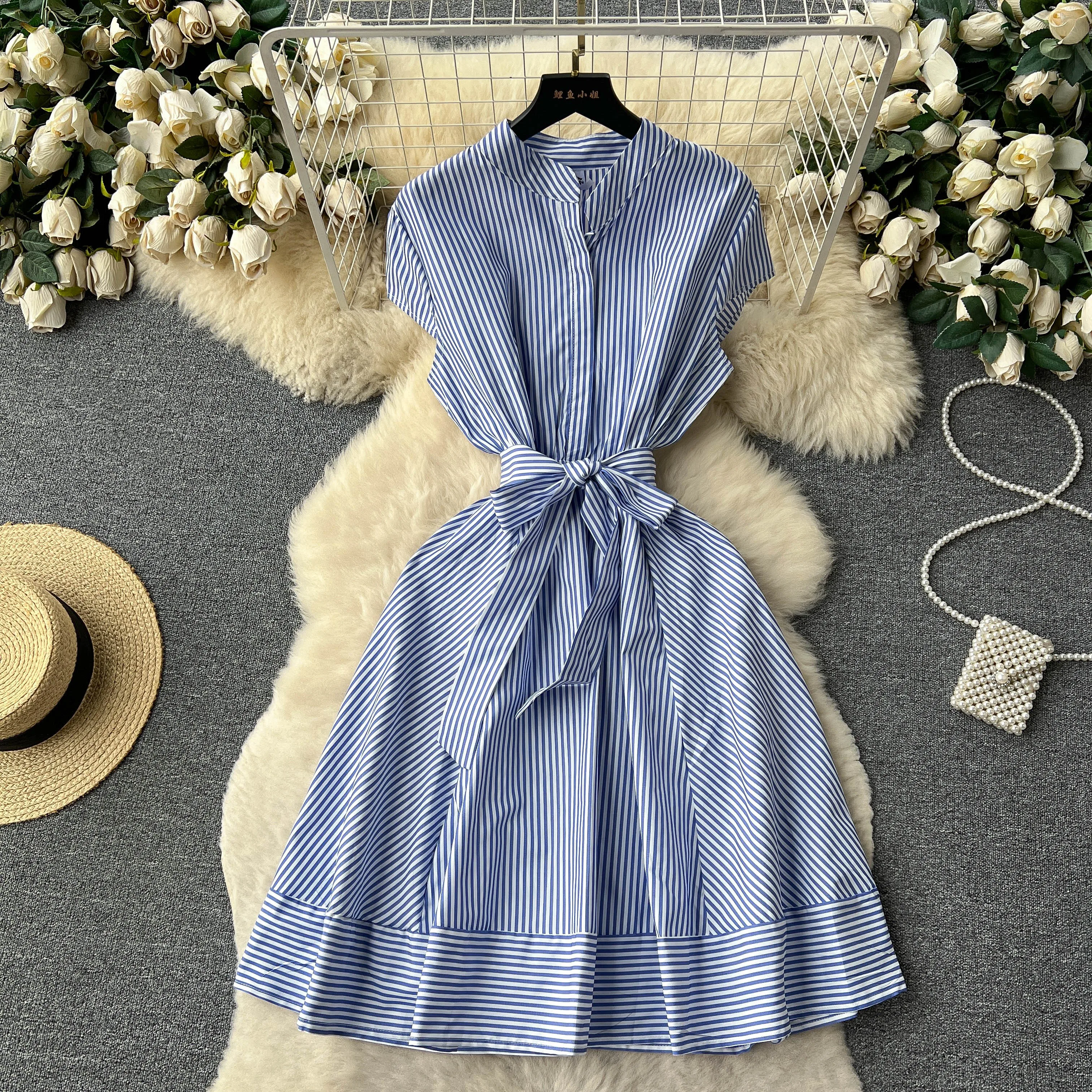 여성 스트라이프 셔츠 드레스 라운드 칼라 싱글 브레스티드 레이스업 타이트 허리 A라인 2025 여름 오피스룩 원피스