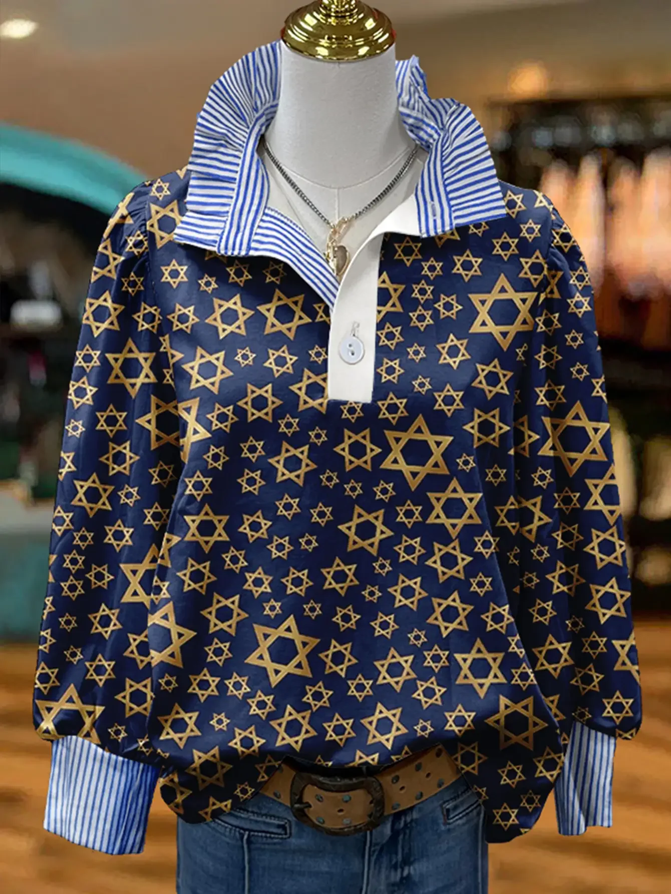 

Women's striped retro fashion shirt with multi-color striped collar and half button shirt pattern, Cool golden hexagonal pattern