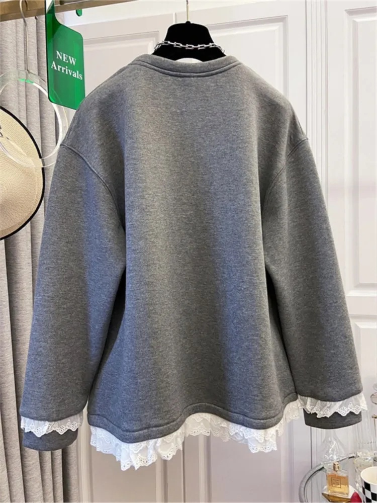 Sweat-shirt grande taille en dentelle pour femme, décontracté, ample, velours, nouveau Style, col rond, manches longues, mélange de coton, automne hiver