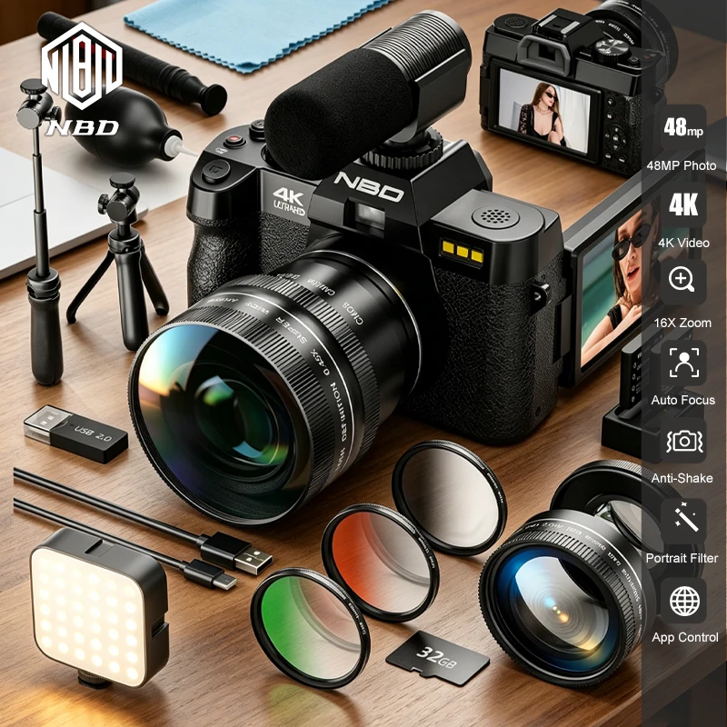 NBD 4K Vlog Digitalkameras 48MP Fotografiekamera Filter Videokamera mit Weitwinkel- und Makro-Objektiv für Anfänger Mädchen Geschenk