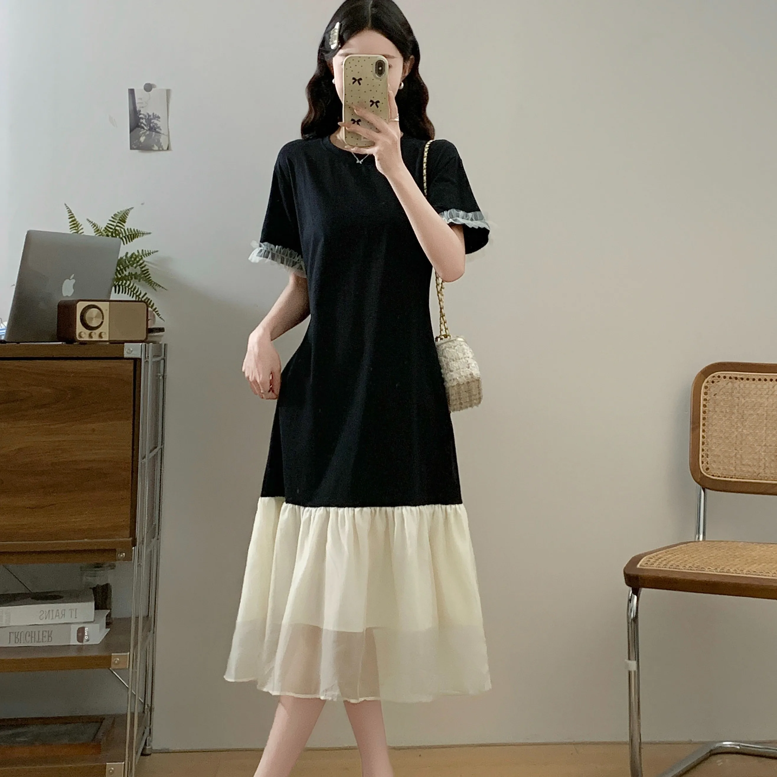 Grande taille lâche Dres femmes 2025 été nouveau Sle Midi a-ligne t-shirts jupe avec coréen Sle taille ample ort Sve Sli...