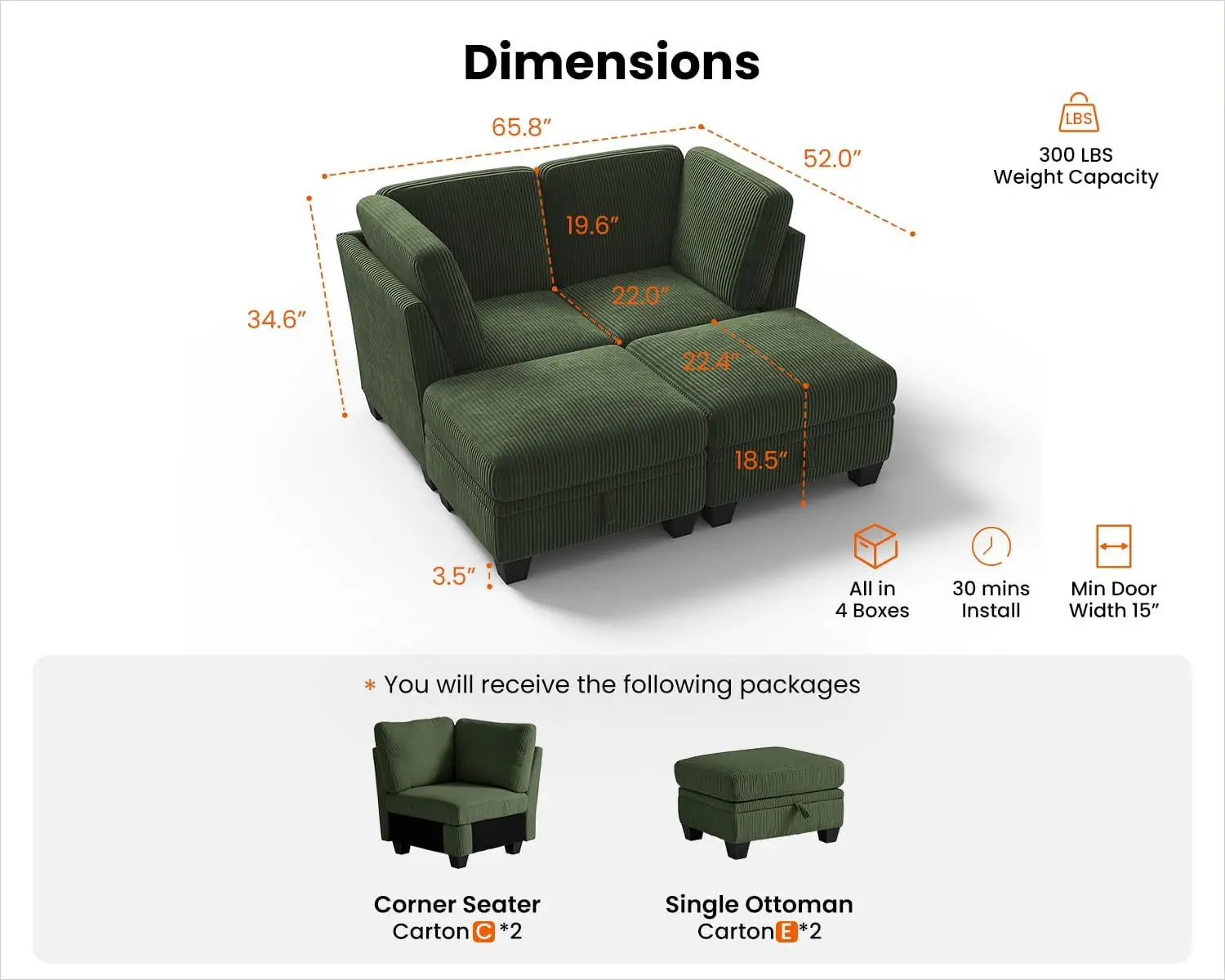 Chic House Corduroy Modular Sectional Couch With Ottoman Chaise, L Shaped Sleeper Sofa For Living Room, Apartment, Lounge,