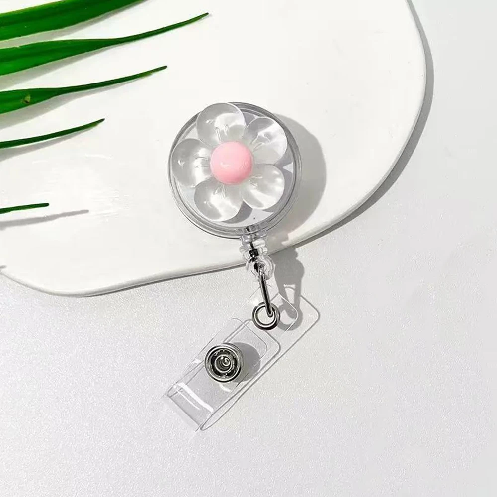 Cute Transparent Floral Badge Reel for Women Retractable Worker ID Card Pull Buckle Doctore Nurse ID Card Badge Holder Clip