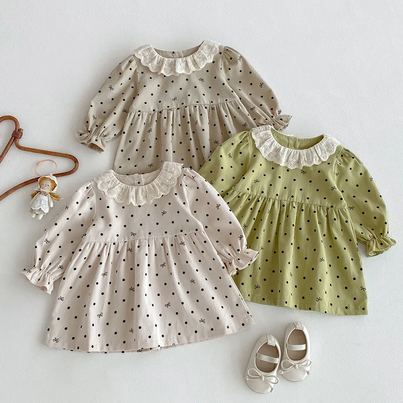2025 New Autumn Sister Dress Children Clothes Kids Princess Dresses Long Sleeved Cotton Dot Print 0-4 Yrs Baby Girl Party Dress