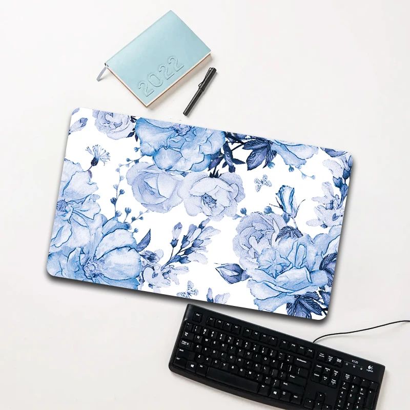 

Blue Watercolor Floral Mouse Pad Large Non-slip Waterproof Desk Mat for Laptop Office