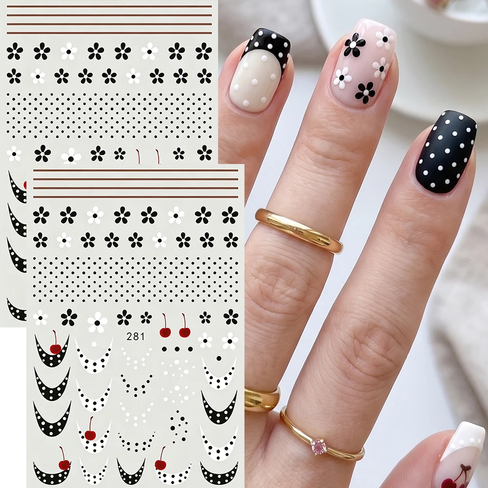 2Pcs Nail Stickers Set Black White Polka Dots French Floral Decals Yellow Pink French Flowers Adhesive Decorations DIY Manicure