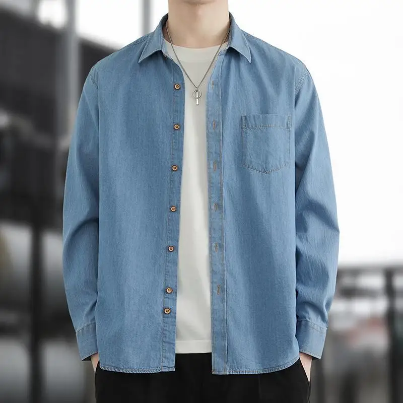 

Japanese Denim Shirt Loose Fit Short Sleeve Stand Collar Regular Thickness Autumn Season Men's Clothing Cross-Border