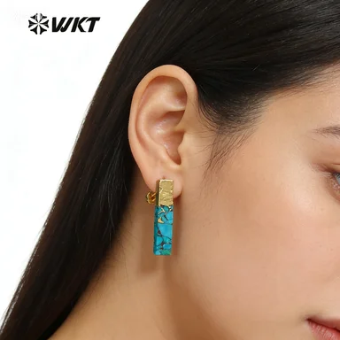 

WT-E548 WKT Золотые гальванически покрытые прямоугольные цилиндрические серьги с синими вкраплениями из бирюзы, женские модные украшения для вечеринок