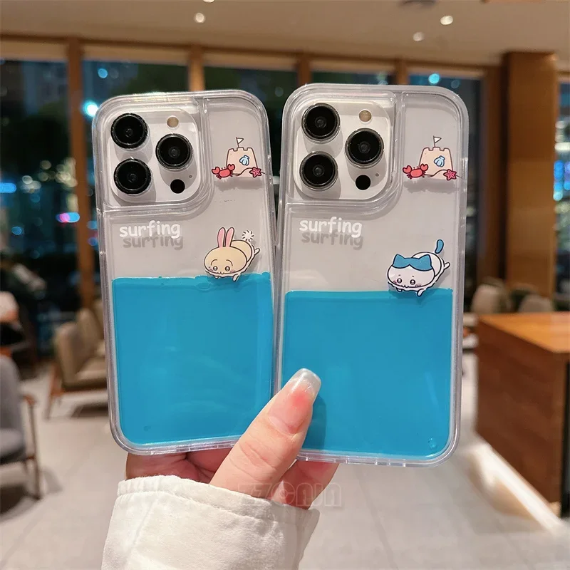 Moving Surfing Kitty Puppy For Huawei Pura 70 Pro P60 Mate 60 50 40 Case Funny Happy Summer Blue Sea Liquids Clear Hard Cover